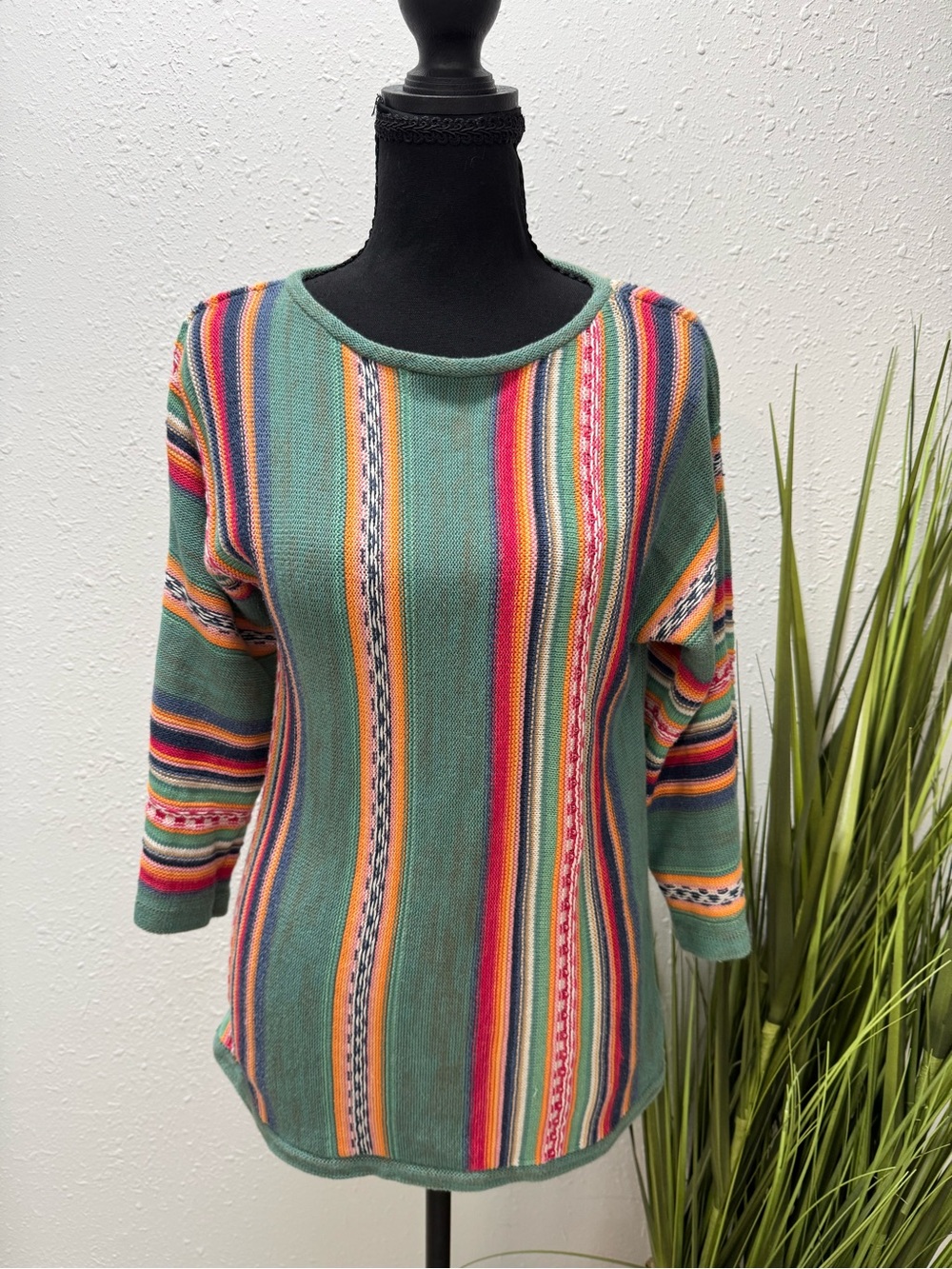 Vintage Chaps Striped Multicolor Knit Top - Green Multistripe